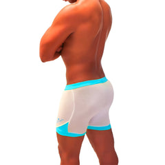 Icker sea athletic mesh shorts in white with bright turquoise trim and logo on left thigh for active wear