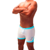 White athletic mesh swim trunks with light blue trim and drawstring waistband by icker sea model shr-22-01