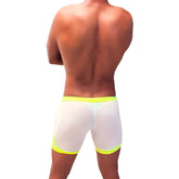 Icker Sea athletic mesh contrast trim shorts mango in white with neon yellow trim and breathable mesh briefs design