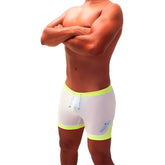 Icker sea athletic mesh contrast trim shorts mango shr-22-01 white swim trunks with neon yellow trim and blue logo on side