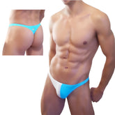 Icker Sea Bicolor thong swimwear in bright blue and white with a small logo on the side for beachwear use