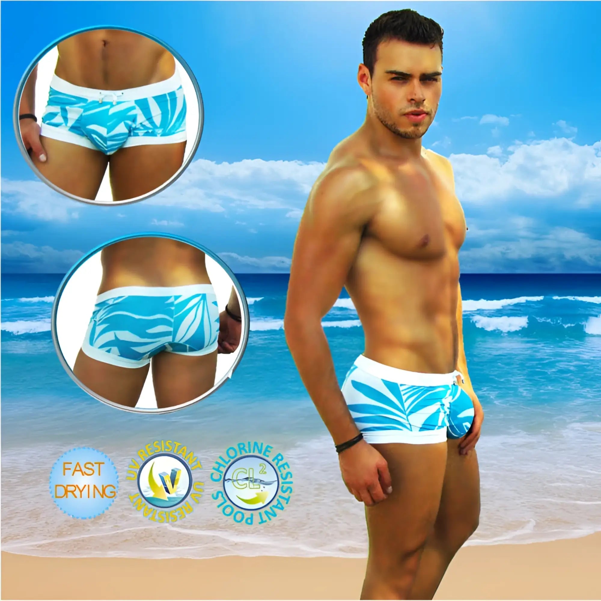 Icker Sea blue waves low square cut trunk swimwear featuring blue and white tropical leaf pattern swim trunks