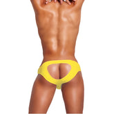 Bright yellow icker sea bottomless jock bikini briefs with an open back and distinctive cutout design
