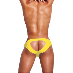 Bright yellow icker sea bottomless jock bikini briefs with an open back and distinctive cutout design