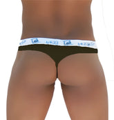 Black icker sea brazilian tanga thong underwear with a white waistband and blue ikea branding front view