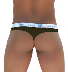 Black icker sea brazilian tanga thong underwear with a white waistband and blue ikea branding front view