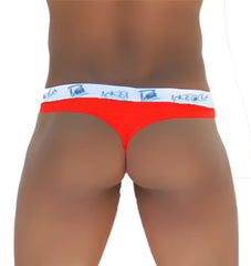 Bright red Icker Sea Brazilian tanga thong underwear with white waistband featuring blue Ikea branding