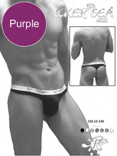 Purple icker sea Brazilian thong underwear featuring a white elastic waistband with silver brand lettering