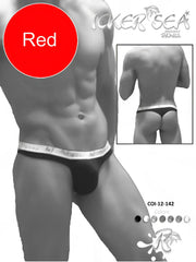 Red men’s briefs with white elastic waistband featuring icker sea brand name in black lettering for comfortable wear
