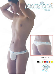 White lace-trimmed brazilian thong underwear with light blue icker sea branding on the waistband