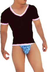 Icker Sea Contrast Trim V Neck Short Sleeved T Shirt Black/Pink CA-16-35