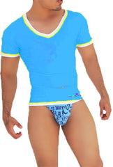 Icker Sea Contrast Trim V Neck Short Sleeved T Shirt Blue/Mango CA-16-41