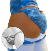 Blue camouflage patterned thong with gray and white accents showing back cut out design for micro slip bikini underwear