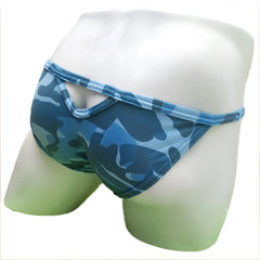 Blue camouflage-patterned men’s briefs with back cutout design and light blue trim from icker sea deep blue collection