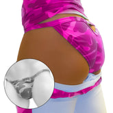 Ipheral view of icker sea pink camouflage back cut out micro slip tanga bikini underwear with silver clasp and trim