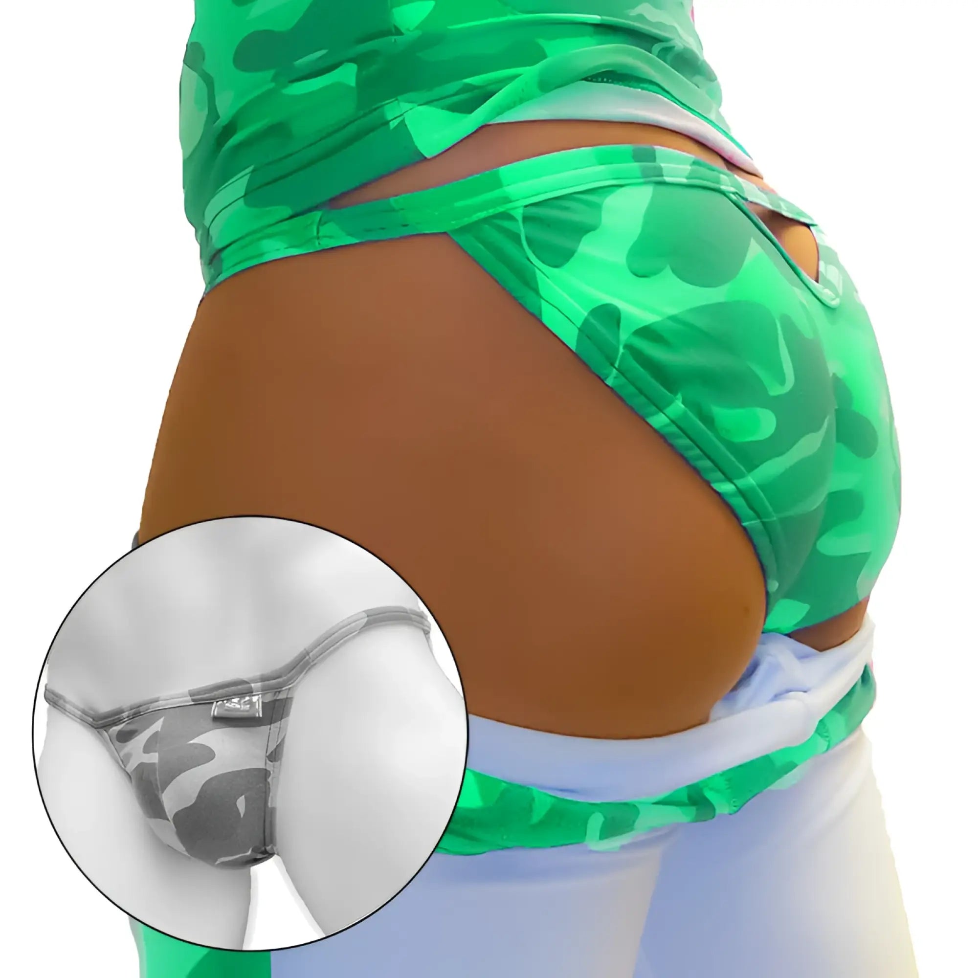 Green camouflage patterned thong bikini underwear with gray and white camo inset close-up showing back cut out design