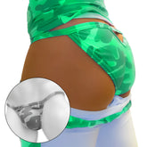 Green camouflage patterned thong bikini underwear with gray and white camo inset close-up showing back cut out design