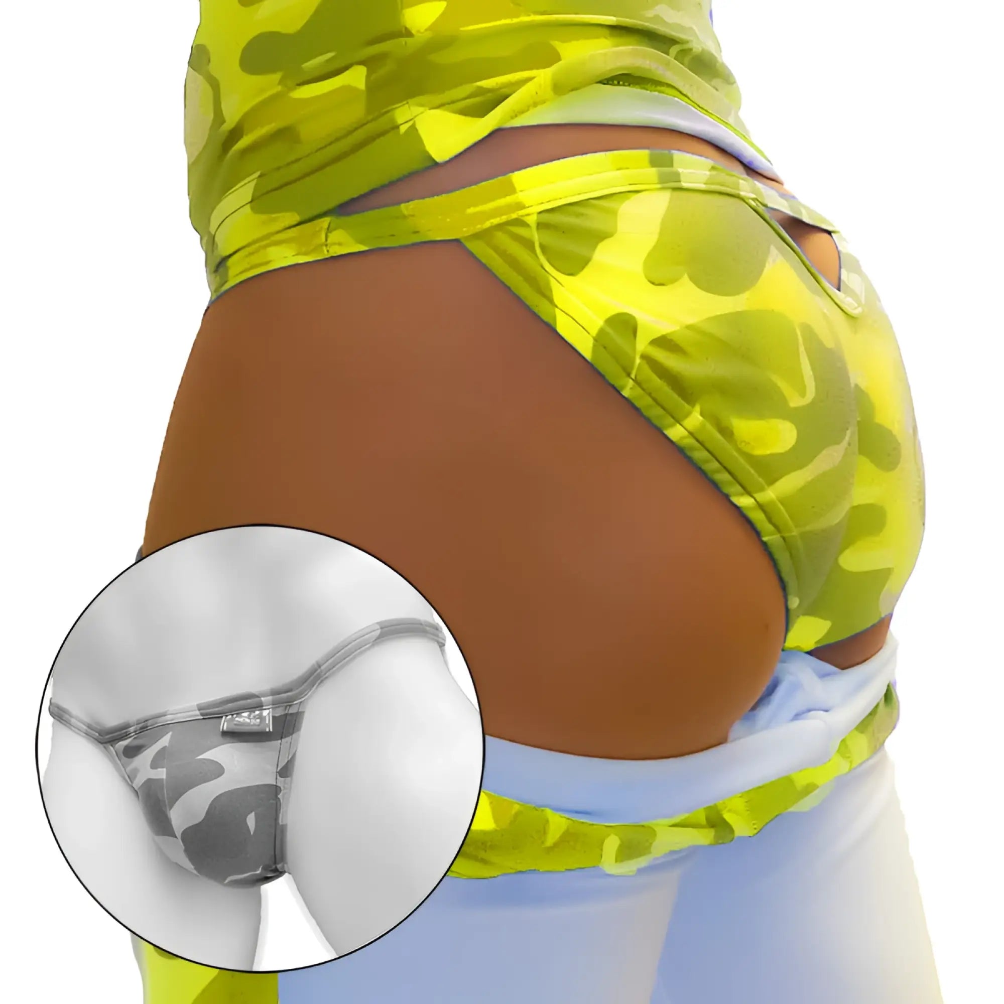 Icker sea camouflage back cut out micro slip tanga thong with lime green gray and white camo stretch fabric shown from back