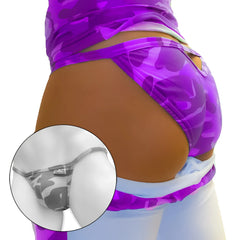 Purple camouflage-patterned back cut out micro slip tanga thong with snug form-fitting design by icker sea