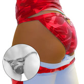 Red camouflage back cut out micro slip tanga bikini underwear in shiny stretchy fabric with silver logo on waistband