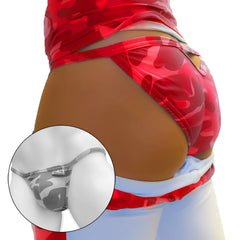 Red camouflage back cut out micro slip tanga bikini underwear in shiny stretchy fabric with silver logo on waistband
