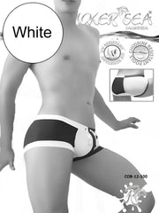 Icker Sea Chess duotone square cut swim trunks in white and black with a drawstring waistband for men
