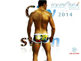 Icker Sea City low square cut trunk swimwear featuring colorful comic-book-style swim trunks with a white waistband