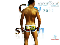 Icker Sea City low square cut trunk swimwear featuring colorful comic-book-style swim trunks with a white waistband
