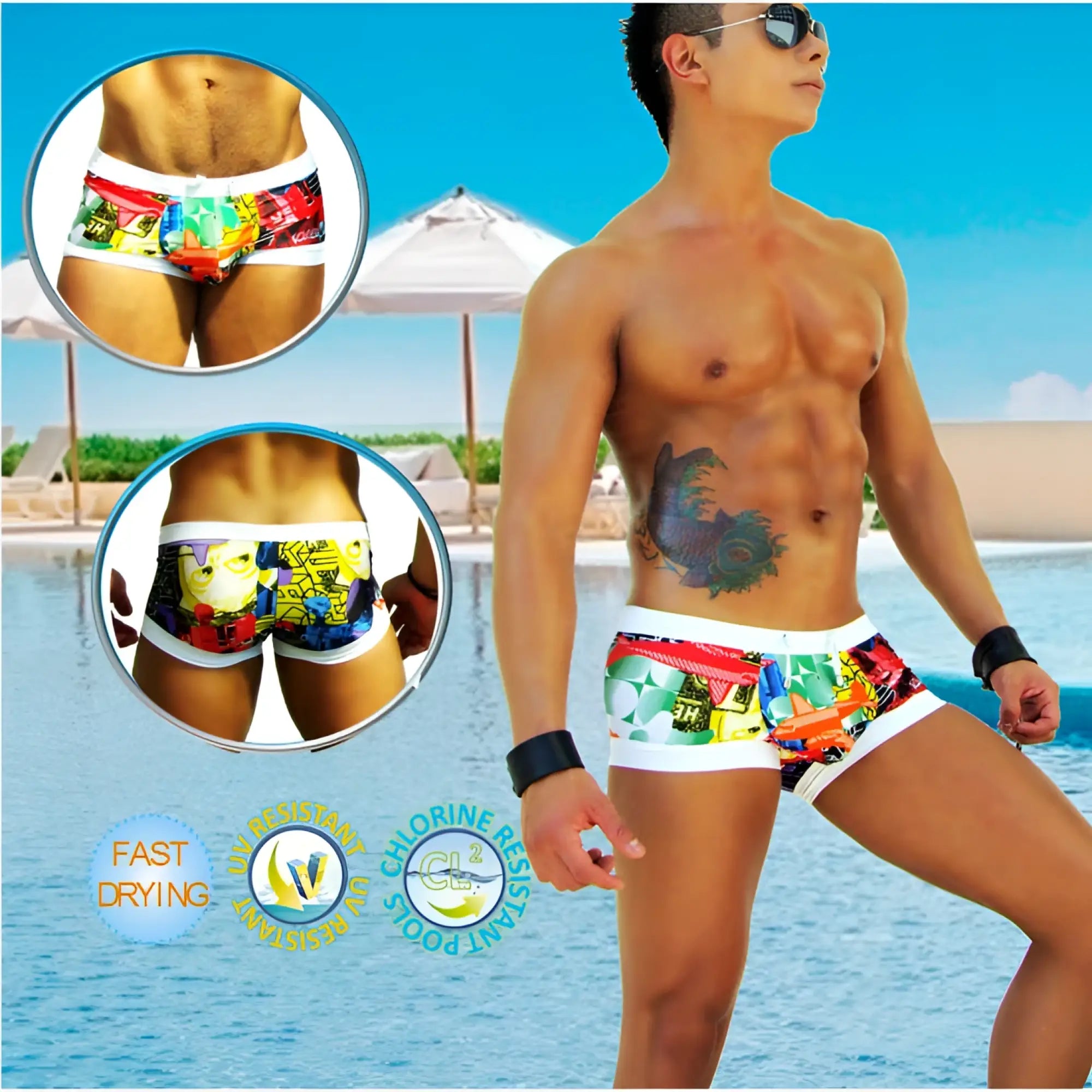 Icker Sea City Low Square Cut Trunk swimwear featuring vibrant comic-book-themed design with white waistband
