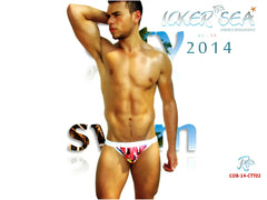 Icker Sea City Microslip bikini swimwear with vibrant tropical patterned swim trunks and white waistband