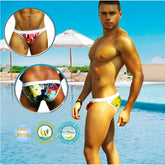 White swim trunks with vibrant colorful graffiti style graphics and a snug fit from icker sea city microslip bikini swimwear