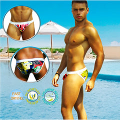 White swim trunks with vibrant colorful graffiti style graphics and a snug fit from icker sea city microslip bikini swimwear