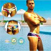 Icker sea city mini bikini swimwear vibrant tropical-patterned men’s swim trunks with white elastic waistband