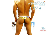 Vibrant white icker sea city tanga thong swimwear with graffiti style yellow and black patterns front view