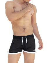 Icker Sea clarity mesh side slit black athletic shorts with white contrast trim and drawstrings for sportswear