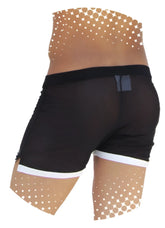 Icker Sea clarity mesh side slit shorts in black feature white trim and a dotted pattern on the legs