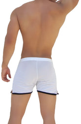Icker sea clarity mesh side slit shorts in white with navy blue trim along the hem and waistband
