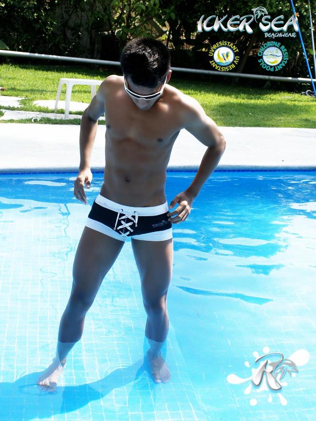 Icker Sea Legs Shoe Lace Pouch Square Cut Trunk Swimwear Black COB-13-43 Icker Sea Legs Shoe Lace Pouch Square Cut Trunk Swimwear Black COB-13-43