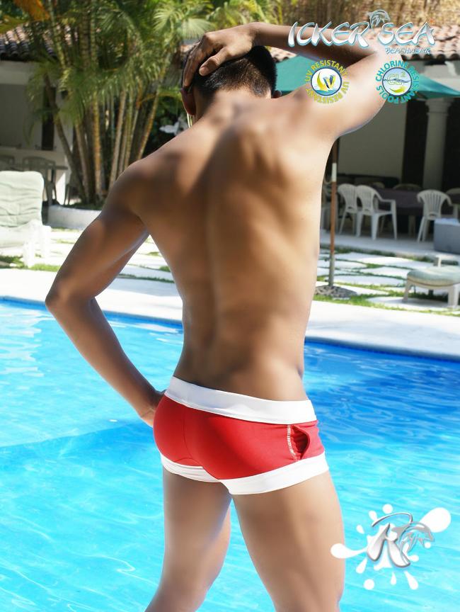 Icker Sea Legs Shoe Lace Pouch Square Cut Trunk Swimwear Red COB-13-45 Icker Sea Legs Shoe Lace Pouch Square Cut Trunk Swimwear Red COB-13-45