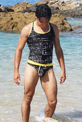 Icker Sea Letters Tank Top & Thong Swimwear Set Black/Mango COB-15-11