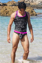 Icker Sea Letters Tank Top T Shirt Black/Fuchsia COB-15-12