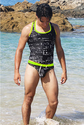 Icker Sea Letters Tank Top T Shirt Black/Green COB-15-12