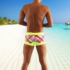 Icker Sea Contrast Trim Plaid Square Cut Trunk Swimwear Lemon COB-16-03