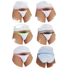 Icker Sea 6 pack white mesh microslip bikini briefs with colorful elastic trim in assorted fresh dots colors