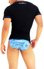 Icker Sea Contrast Stitching V Neck Short Sleeved T Shirt Black/Blue COI-S-14-BC-3