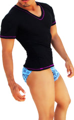 Icker Sea Contrast Stitching V Neck Short Sleeved T Shirt Black/Purple COI-S-14-BC-5