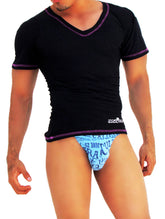 Icker Sea Contrast Stitching V Neck Short Sleeved T Shirt Black/Pink COI-S-14-BC-7