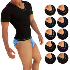 Black v neck short-sleeved icker sea t shirt with green contrast stitching from 10 pack assorted colors set