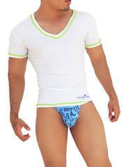 Icker Sea Contrast Stitching V Neck Short Sleeved T Shirt White/Green COI-S-14-WC-10