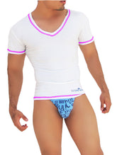 Icker Sea Contrast Stitching V Neck Short Sleeved T Shirt White/Purple COI-S-14-WC-5